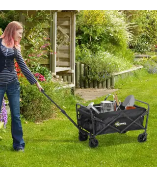 Carro de Jardín Plegable con Ruedas Asa Telescópica Ajustable Carga 120 kg para Campaña Compra 64x42x27 cm Negro