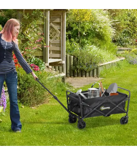 Carro de Jardín Plegable con Ruedas Asa Telescópica Ajustable Carga 120 kg para Campaña Compra 64x42x27 cm Negro