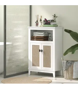 Mueble Auxiliar de Baño con 2 Puertas con Frontal de Ratán Estante Ajustable y Compartimento Abierto 60x30x90 cm Blanco