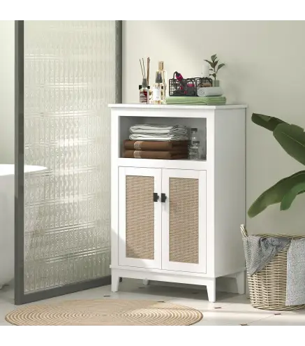 Mueble Auxiliar de Baño con 2 Puertas con Frontal de Ratán Estante Ajustable y Compartimento Abierto 60x30x90 cm Blanco