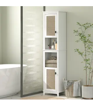 Columna de Baño con Estantes Ajustables 2 Puertas con Frontal de Ratán y 2 Compartimentos 40x30x167,5 cm Blanco
