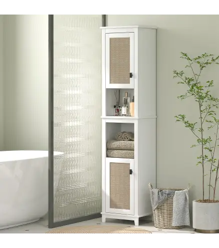 Columna de Baño con Estantes Ajustables 2 Puertas con Frontal de Ratán y 2 Compartimentos 40x30x167,5 cm Blanco