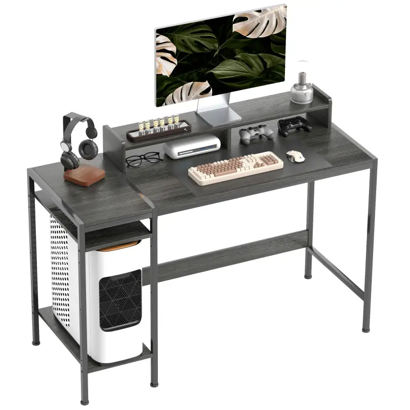 Mesa de Escritorio con Estantes Laterales Soporte para Monitor Ajustable y Estructura Móvil 120x48x85,5 cm Gris Carbón