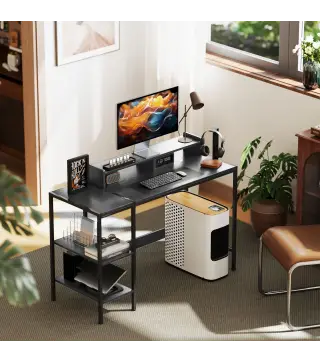 Mesa de Escritorio con Estantes Laterales Soporte para Monitor Ajustable y Estructura Móvil 120x48x85,5 cm Gris Carbón