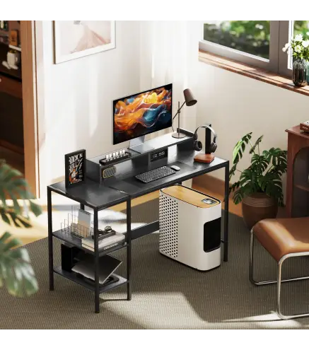 Mesa de Escritorio con Estantes Laterales Soporte para Monitor Ajustable y Estructura Móvil 120x48x85,5 cm Gris Carbón