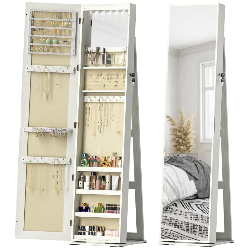 Armario Joyero con Luces LED y Cerradura Espejo Integrada Blanco con Veta de Madera