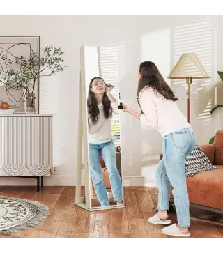 Armario Joyero con Luces LED y Cerradura Espejo Integrada Blanco con Veta de Madera