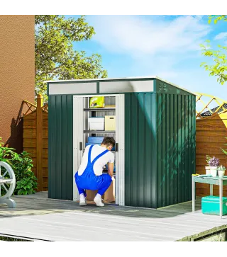 Cobertizo de Jardín 195x122x181,5 cm con Puertas Correderas 2 Ventanas y Ganchos para Almacenar Herramientas Verde