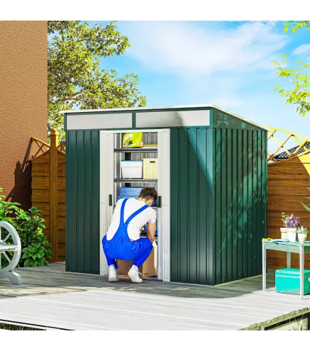 Cobertizo de Jardín 195x122x181,5 cm con Puertas Correderas 2 Ventanas y Ganchos para Almacenar Herramientas Verde