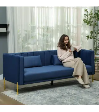 Sofá de 3 Plazas con Tapizado Aterciopelado Estructura Reforzada y Patas Doradas para Salón 194,5x76x76 cm Azul Marino