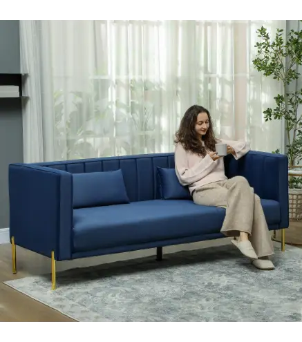 Sofá de 3 Plazas con Tapizado Aterciopelado Estructura Reforzada y Patas Doradas para Salón 194,5x76x76 cm Azul Marino