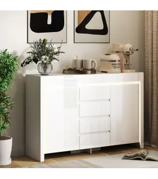 Aparador de Salón con Luces LED 4 Cajones Cierre Suave Estantes Ajustables y Mando a Distancia 120x34x80cm Blanco Brillo