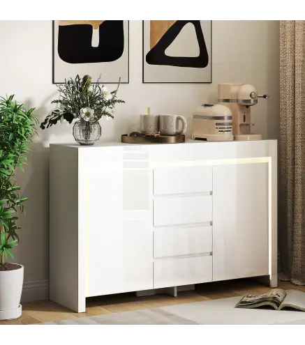 Aparador de Salón con Luces LED 4 Cajones Cierre Suave Estantes Ajustables y Mando a Distancia 120x34x80cm Blanco Brillo