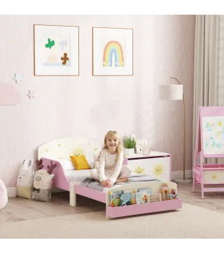 Cama infantil para Niños de +3 Años 70x140 cm de Madera con Almacenaje y Dibujos de Estrellas para Dormitorio Rosa