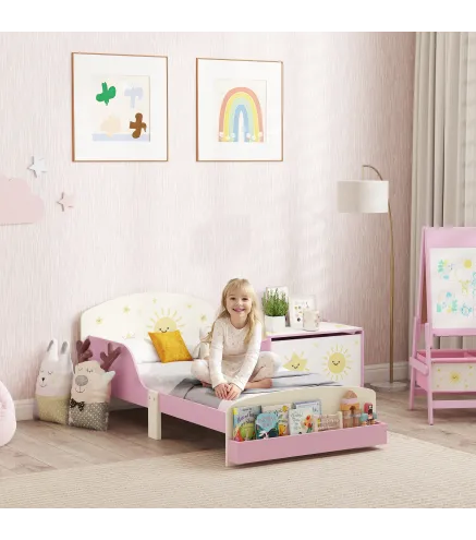 Cama infantil para Niños de +3 Años 70x140 cm de Madera con Almacenaje y Dibujos de Estrellas para Dormitorio Rosa