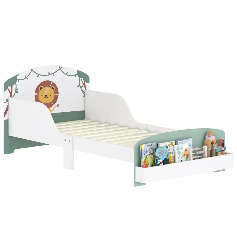 Cama infantil para Niños de +3 Años 70x140 cm de Madera con Almacenaje y Dibujo de León para Dormitorio Verde