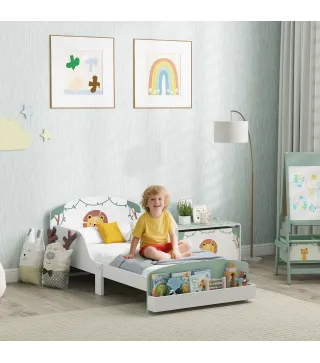 Cama infantil para Niños de +3 Años 70x140 cm de Madera con Almacenaje y Dibujo de León para Dormitorio Verde