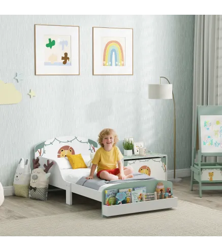Cama infantil para Niños de +3 Años 70x140 cm de Madera con Almacenaje y Dibujo de León para Dormitorio Verde