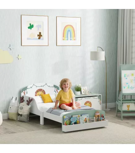 Cama infantil para Niños de +3 Años 70x140 cm de Madera con Almacenaje y Dibujo de León para Dormitorio Verde