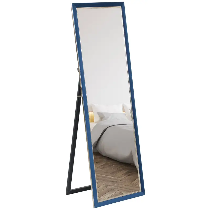 Espejo de Cuerpo Entero 150x50 cm con Marco en Terciopelo y Soporte para Salón Dormitorio Azul
