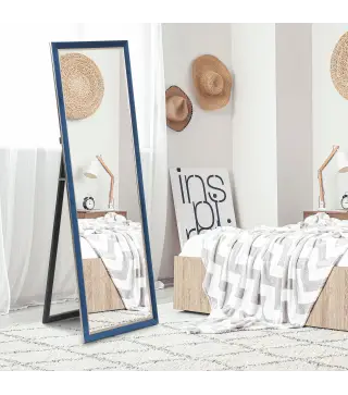 Espejo de Cuerpo Entero 150x50 cm con Marco en Terciopelo y Soporte para Salón Dormitorio Azul