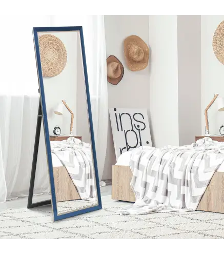 Espejo de Cuerpo Entero 150x50 cm con Marco en Terciopelo y Soporte para Salón Dormitorio Azul