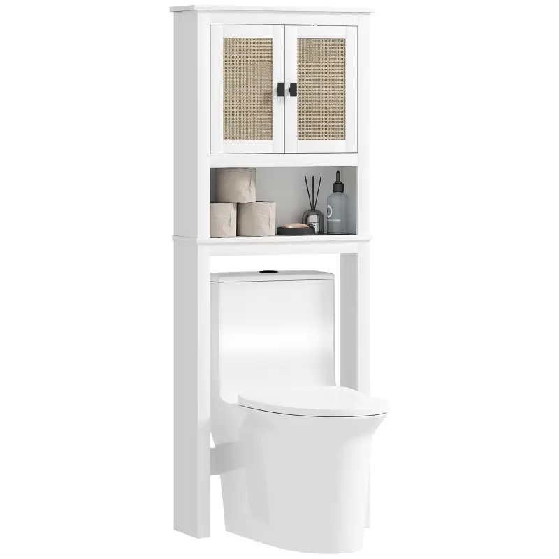 Mueble sobre Inodoro con 2 Puertas con Frontal de Ratán Compartimento y Estante Ajustable 60x19,5x160 cm Blanco