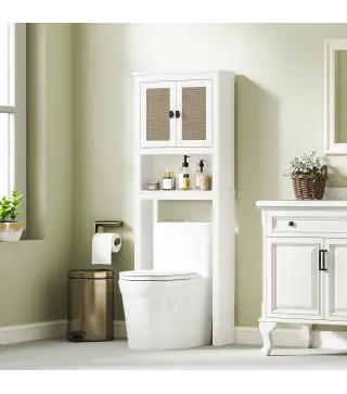Mueble sobre Inodoro con 2 Puertas con Frontal de Ratán Compartimento y Estante Ajustable 60x19,5x160 cm Blanco