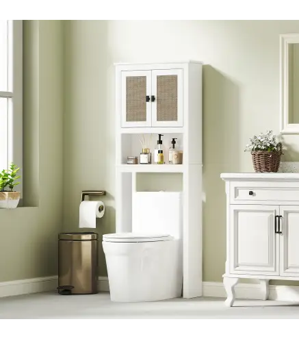 Mueble sobre Inodoro con 2 Puertas con Frontal de Ratán Compartimento y Estante Ajustable 60x19,5x160 cm Blanco