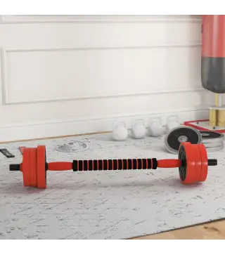Kit de Gimnasio 4 en 1 con Barra de Pesas Mancuernas Kettlebell para Entrenamiento de Fuerza en Casa Color Rojo y Negro