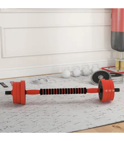 Kit de Gimnasio 4 en 1 con Barra de Pesas Mancuernas Kettlebell para Entrenamiento de Fuerza en Casa Color Rojo y Negro