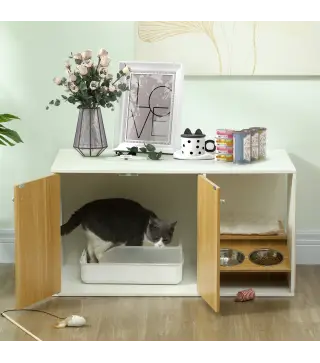 Mueble Arenero para Gatos 3 en 1 con Puertas Cojín Tazones y Estera para Rascar 95x48x50,5 cm Blanco y Roble