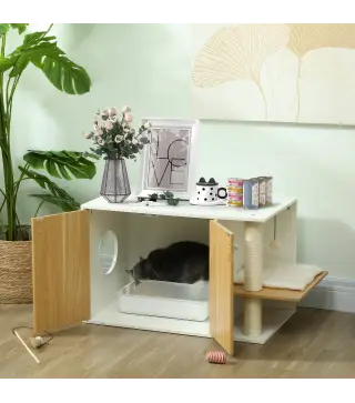 Mueble Arenero para Gatos con Centro de Juegos Cojín Pelota Puerta Lateral y Patas Antideslizantes 94x48x50,5cm Blanco