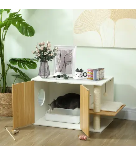 Mueble Arenero para Gatos con Centro de Juegos Cojín Pelota Puerta Lateral y Patas Antideslizantes 94x48x50,5cm Blanco