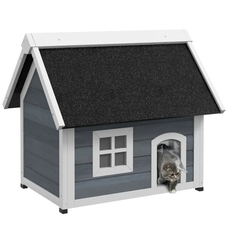 Casa para Gatos de Madera con Techo Asfáltico Abatible 3 Puertas Ventana para Exterior 77x57,5x68 cm Gris y Negro Casa para Gatos de Madera con Techo Asfáltico Abatible 3 Puertas Ventana para Exterior 77x57,5x68 cm Gris y Negro