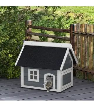 Casa para Gatos de Madera con Techo Asfáltico Abatible 3 Puertas Ventana para Exterior 77x57,5x68 cm Gris y Negro