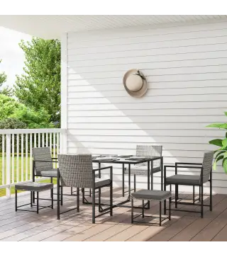 Conjunto de Jardín Exterior de 9 Piezas de Ratán Sintético con Mesa de Vidrio 4 Sillas y 4 Taburetes con Cojines Gris