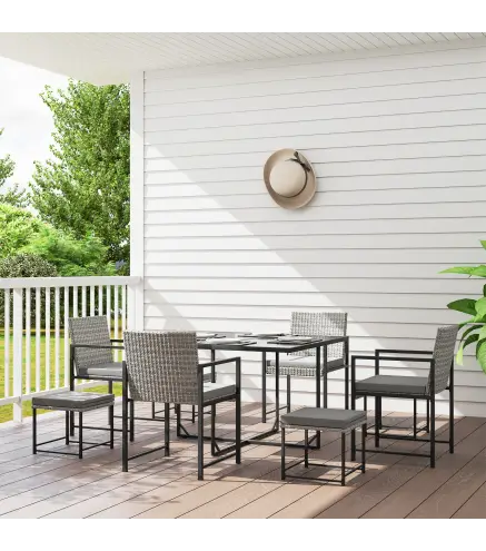 Conjunto de Jardín Exterior de 9 Piezas de Ratán Sintético con Mesa de Vidrio 4 Sillas y 4 Taburetes con Cojines Gris