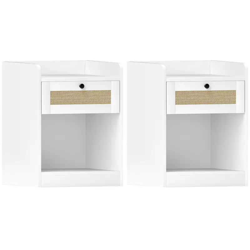 Juego de 2 Mesillas de Noche para Dormitorio con Cajón con Frontal de Ratán 40x40x53 cm Blanco