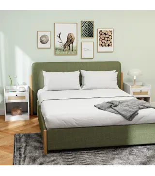 Juego de 2 Mesillas de Noche para Dormitorio con Cajón con Frontal de Ratán 40x40x53 cm Blanco