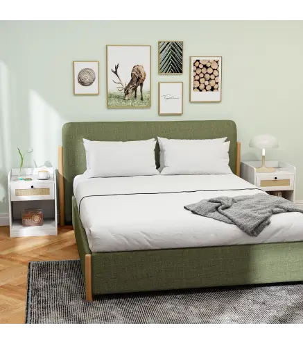 Juego de 2 Mesillas de Noche para Dormitorio con Cajón con Frontal de Ratán 40x40x53 cm Blanco