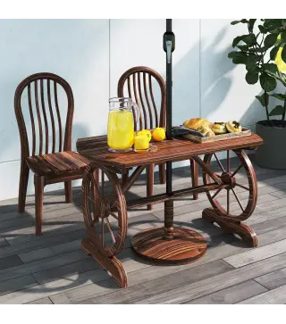 Mesa de Jardín de Madera de Abeto con Patas en Forma de Rueda Orificio para Sombrilla 120x63x70 cm Acabado Carbonizado