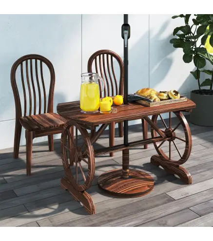 Mesa de Jardín de Madera de Abeto con Patas en Forma de Rueda Orificio para Sombrilla 120x63x70 cm Acabado Carbonizado