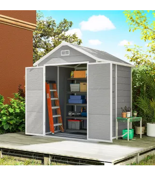Caseta de Jardín Exterior 182x151x219 cm con Suelo Puerta Cerrada y Techo Inclinado para Almacenar Herramientas Gris