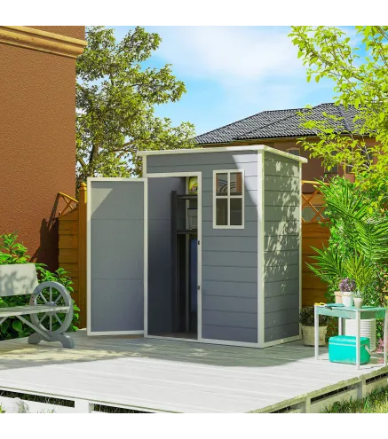 Caseta de Jardín Exterior 151x92x193 cm con Suelo Puerta Corredera y Techo Inclinado para Almacenar Herramientas Gris