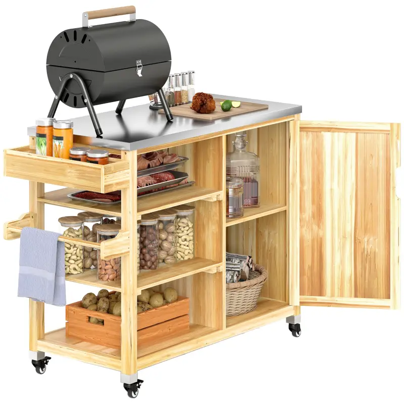 Carrito de Parrilla de Madera con 4 Ruedas Estantes Armario y Encimera de Acero Inoxidable 134,5x50x91,5 cm Natural Carrito de Parrilla de Madera con 4 Ruedas Estantes Armario y Encimera de Acero Inoxidable 134,5x50x91,5 cm Natural