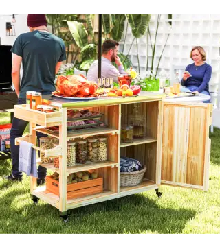 Carrito de Parrilla de Madera con 4 Ruedas Estantes Armario y Encimera de Acero Inoxidable 134,5x50x91,5 cm Natural