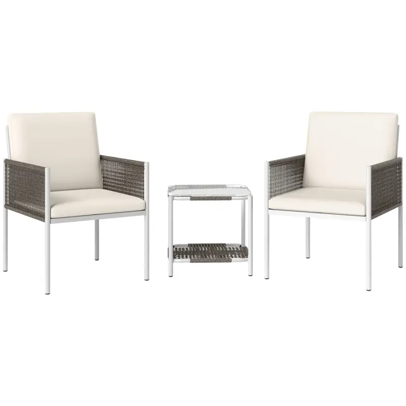 Juego de 2 Sillas y Mesa de Ratán con Cojines Acolchados y Encimera de Vidrio para Balcón Terraza Marrón y Crema