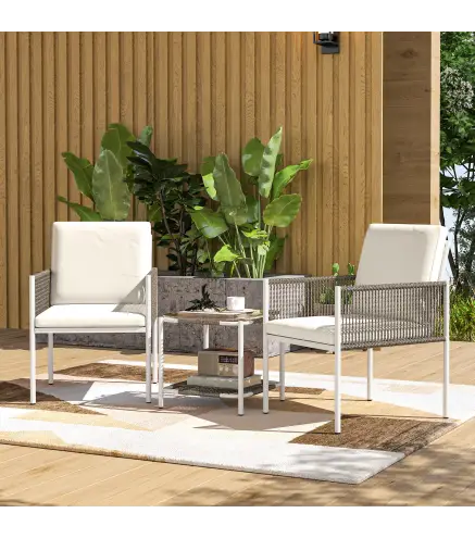 Juego de 2 Sillas y Mesa de Ratán con Cojines Acolchados y Encimera de Vidrio para Balcón Terraza Marrón y Crema