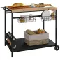 Camarera con Ruedas de Madera con 2 Estantes 2 Cestas Metálicas y Soportes para Botellas 97,5x65x81 cm Natural y Negro